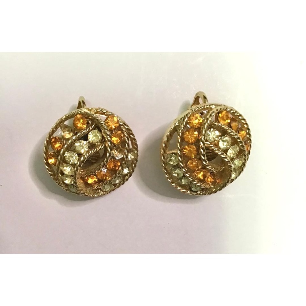 Vintage Weiss Amber Champagne Rhinestone Gold Tone Clip-On Earrings 1950's Retro